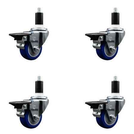 Service Caster 3'' Blue Poly Swivel 1-3/8'' Expanding Stem Caster Set with Brake, 4PK SCC-EX20S314-PPUB-BLUE-PLB-138-4